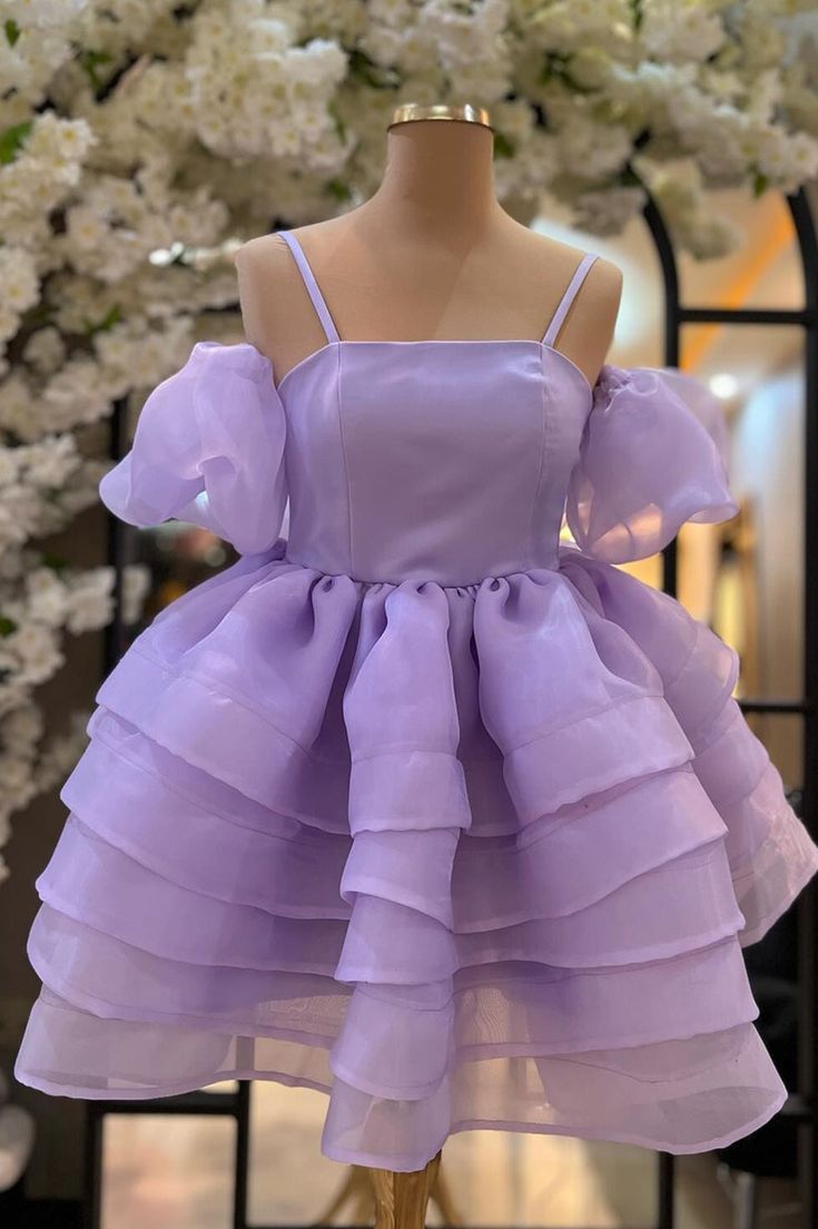 Cold Shoulder Straps Puff Sleeves Layers Homecoming Dress fg5341