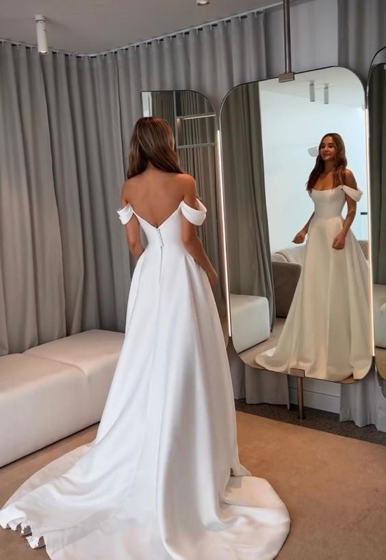 Satin A Line Wedding Dresses Sleeveless Off The Shoulder Silt Bridal Gowns Long Train Wedding Party Gowns Custom Made fg5090