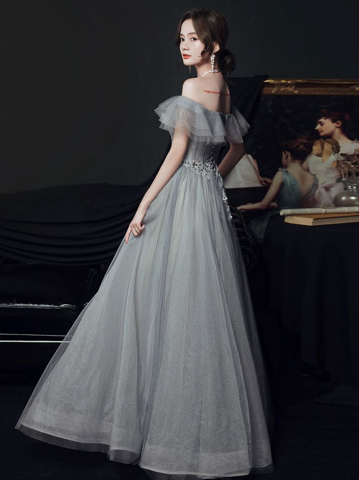 gray tulle off shoulder long prom dress, gray tulle formal dress fg4459