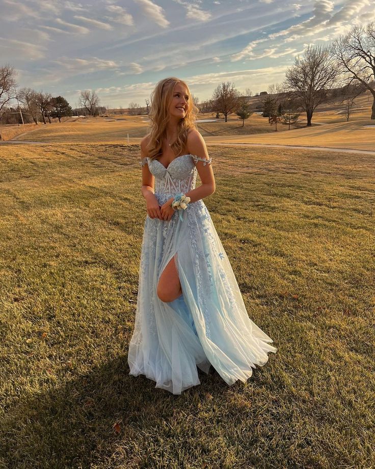 Cute A line Off the Shoulder Light Blue Long Prom Dresses with Appliques fg4740
