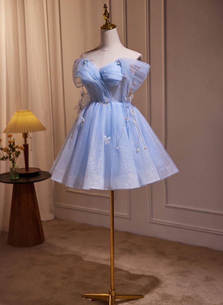 A-line Blue Short Off Shoulder Knee Length Homecoming Dress, Blue Short Prom Dress fg5023