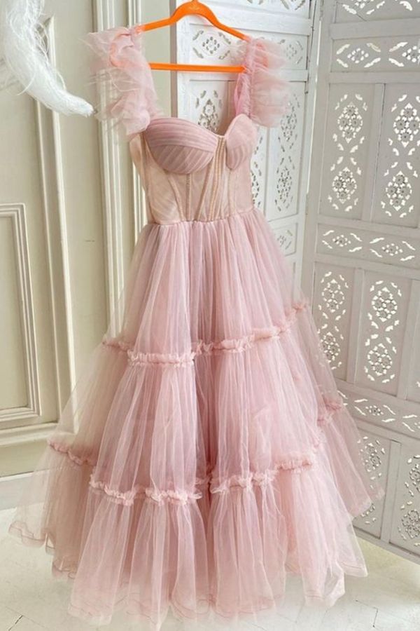 Cute A Line Pink Tulle Short Prom Dress, Pink Evening Party Dress fg4899