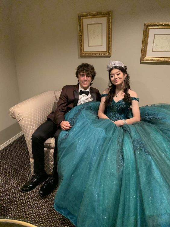 Dark green lace quince dress off shoulder prom ball gown fg4662