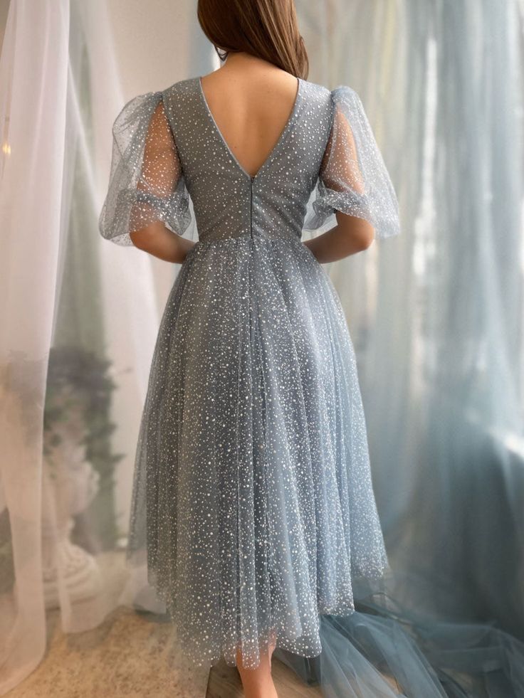 A line Tea Length Gray Blue Prom Dress, Gray Blue Formal Wedding Party Dress fg5298