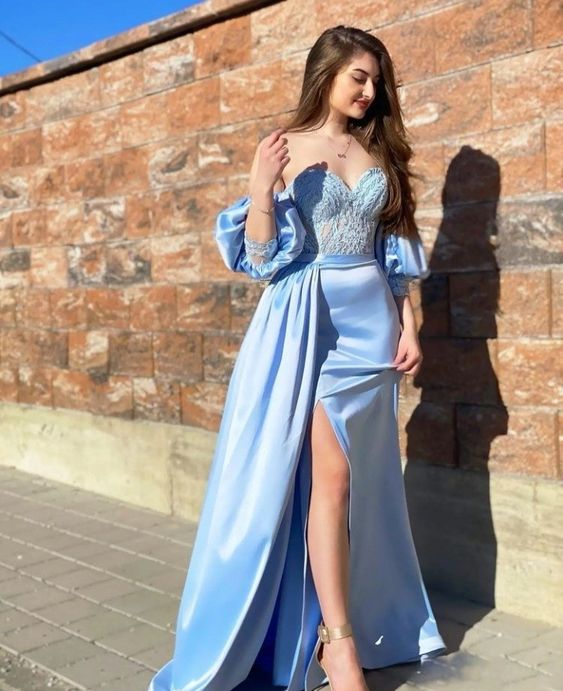 Sky Blue Off The Shoulder Satin Long Evening Dresses Side Slit Backless Prom Party Formal Party Gown fg4391