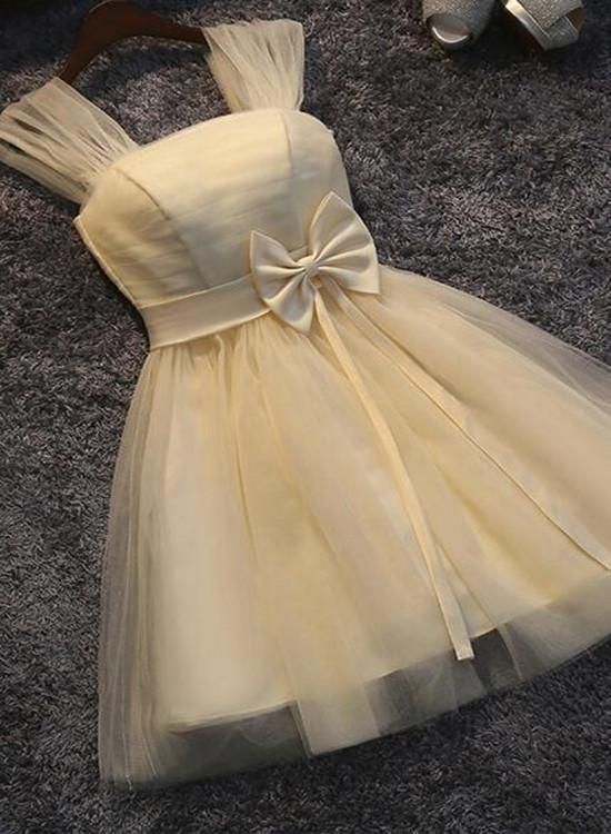 Lovely Champagne Tulle Cute Teen Homecoming Dress with Bow, Straps Tulle Formal Dresses fg3745