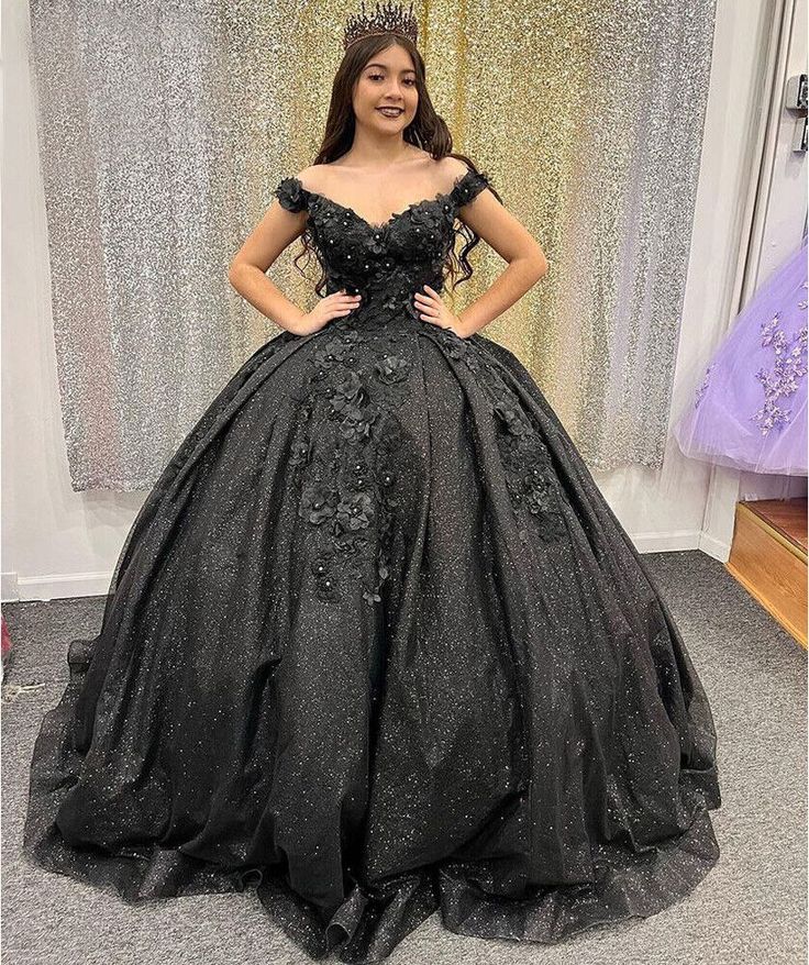 Shiny Black Quinceanera Off Shoulder Dress Sweet 15 16 Party Ball Gown Prom Dress fg4072