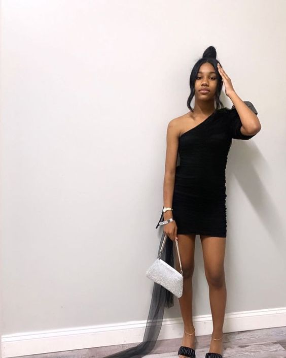 Vestido negro de fiesta de bienvenida, un hombro, corto, para fiesta de graduación