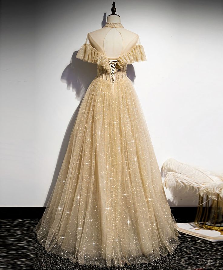 Gold Tulle Sequin Long Prom Dress, Gold Tulle Bridesmaid Dress fg4089
