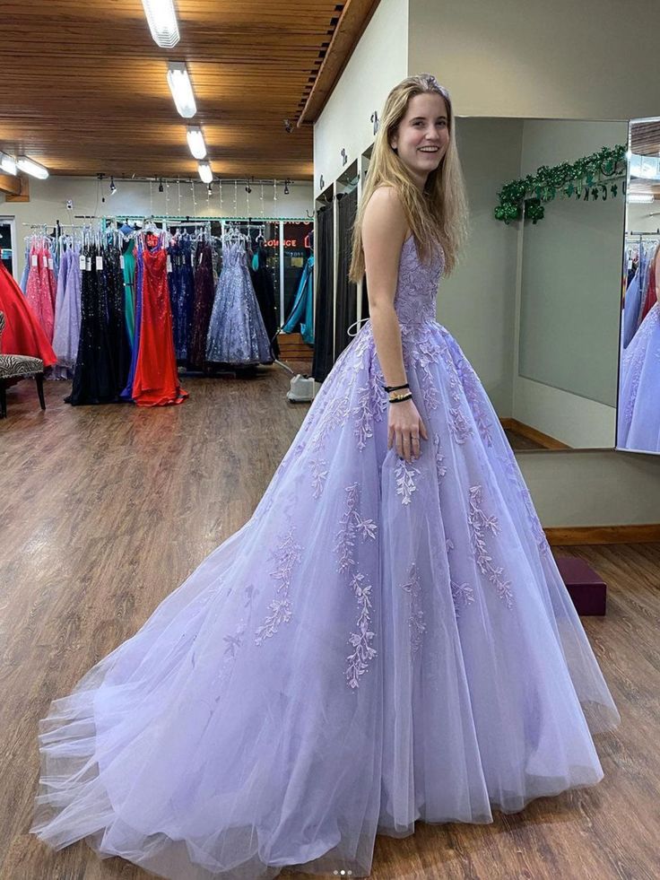 Purple tulle lace long prom dress, purple lace evening dress fg3273