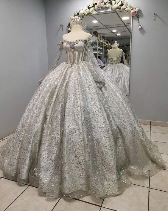 Silver Off Shoulder Ball Gown Prom Dress Sweet 16th Dress fg3813