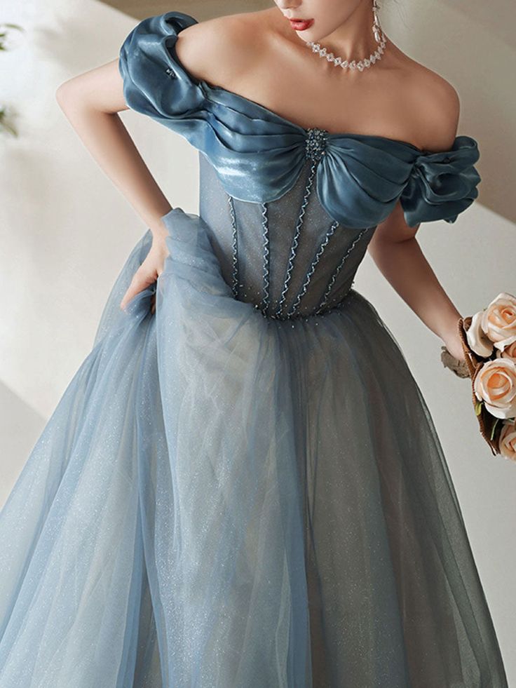 Blue Sweetheart Off Shoulder Tulle Long Prom Dress Blue Formal Dress cg24989