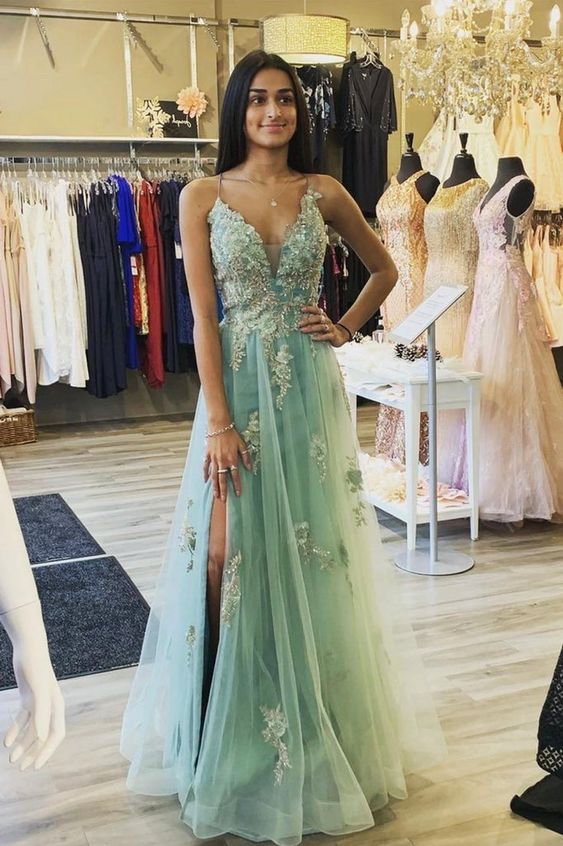 Green V-Neck Lace Long Prom Dress, A-Line Evening Dress with Slit cg24987