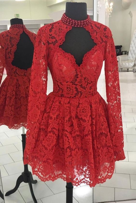 Red lace short prom dress, red lace homecoming dress fg3829