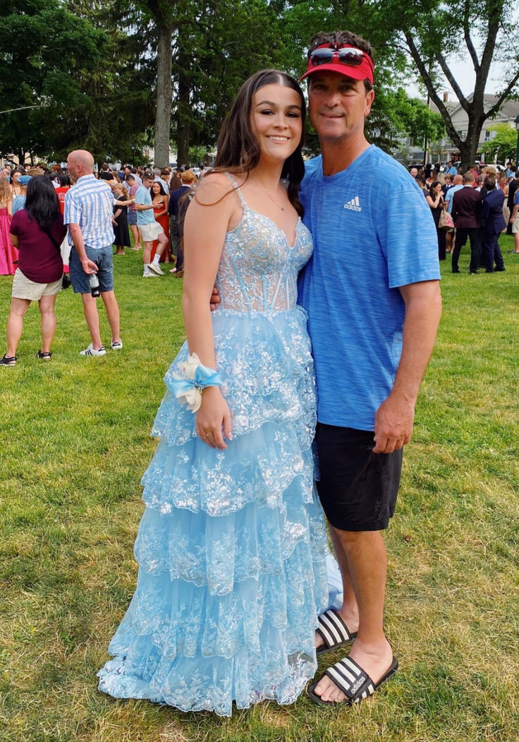 Light Blue Lace Sweetheart Tiered Long Prom Dress with Slit fg4197