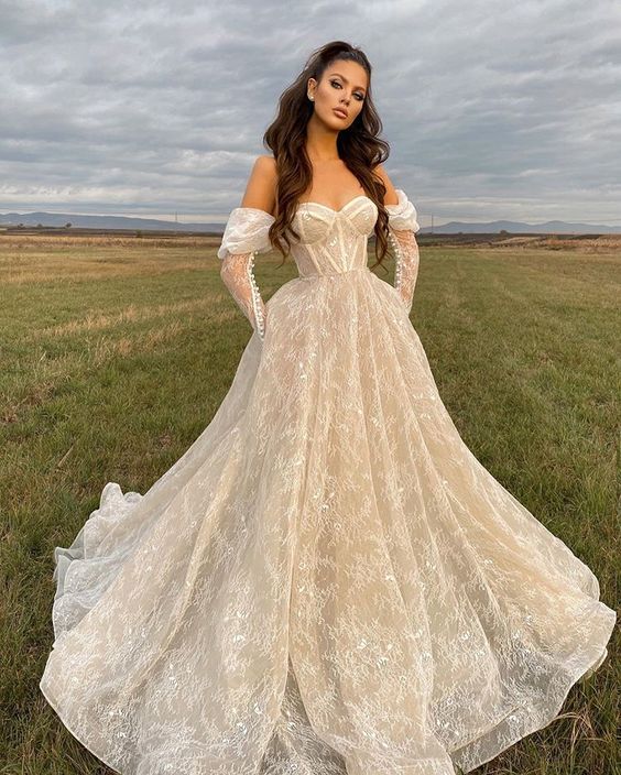 Stunning Lace Long Sleeves Wedding Dresses Off The Shoulder Sweetheart Neck A Line Bridal Gowns fg4044