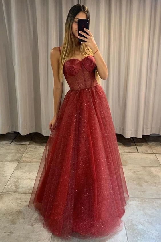 Elegant Sparkle Spaghetti strap Burgundy A-line Princess Tulle Prom Dress cg24932