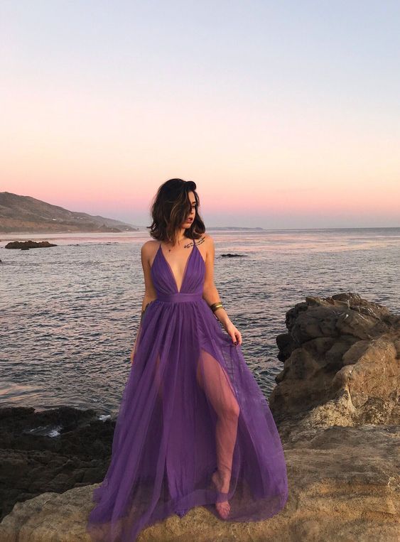 Vestidos de fiesta morados para mujer, vestido de noche sexy con abertura, largo