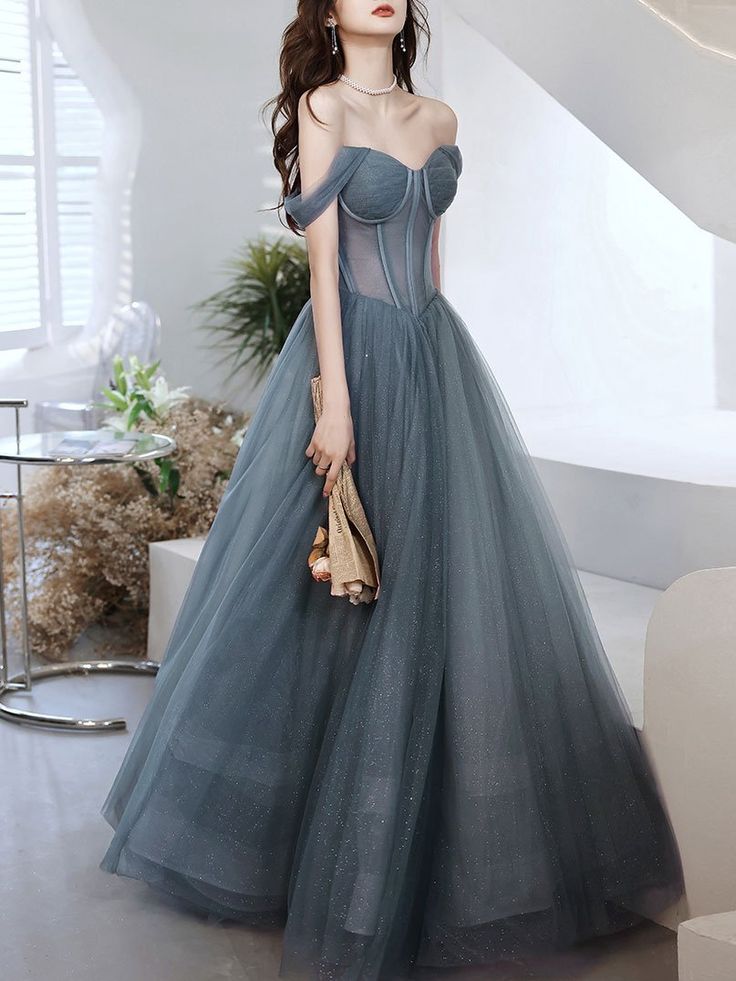 A Line Sweetheart Neck Gray Tulle Long Prom Dress, Evening Dress fg3986