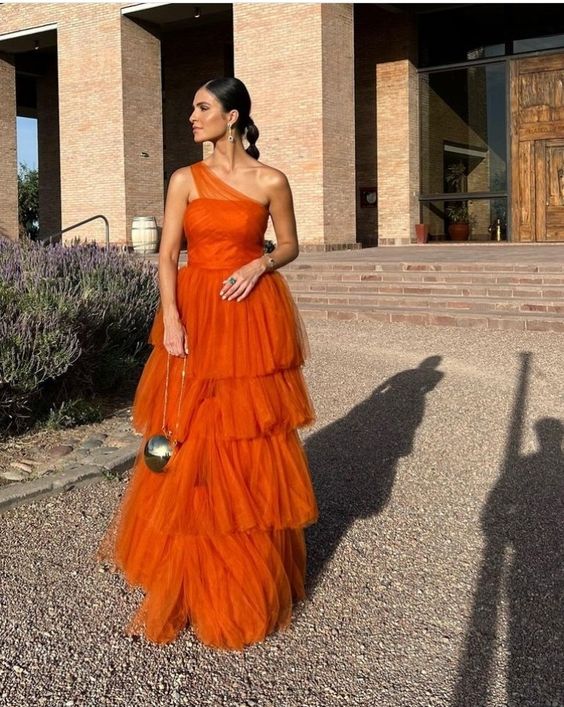 Vestido de fiesta largo naranja, vestidos de noche formales de tul escalonado