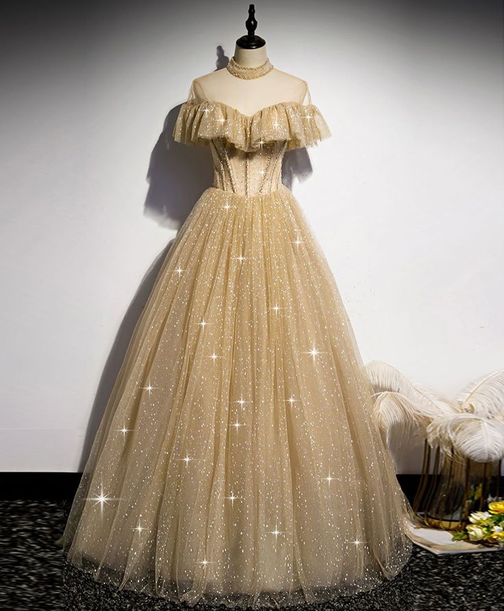 Gold Tulle Sequin Long Prom Dress, Gold Tulle Bridesmaid Dress fg4089