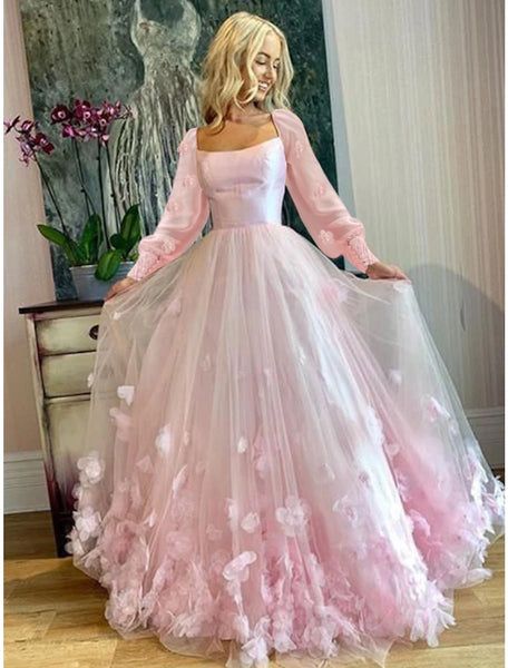 A-Line Prom Dresses Maxi Dress Sweet 16 Birthday Floor Length Long Sleeve Scoop Neck Tulle with Appliques fg4061