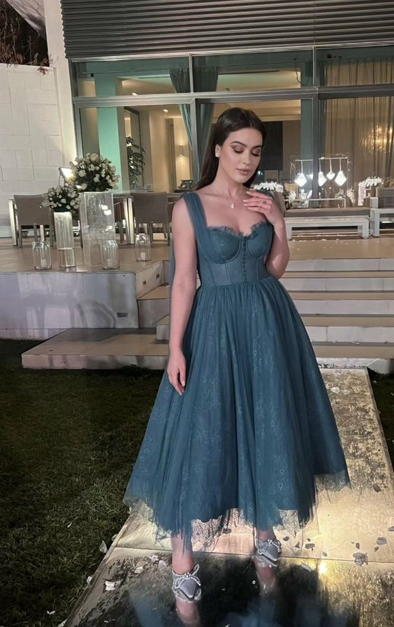 Gray Blue Straps Lace Tulle Popular Modest Prom Dress fg2550