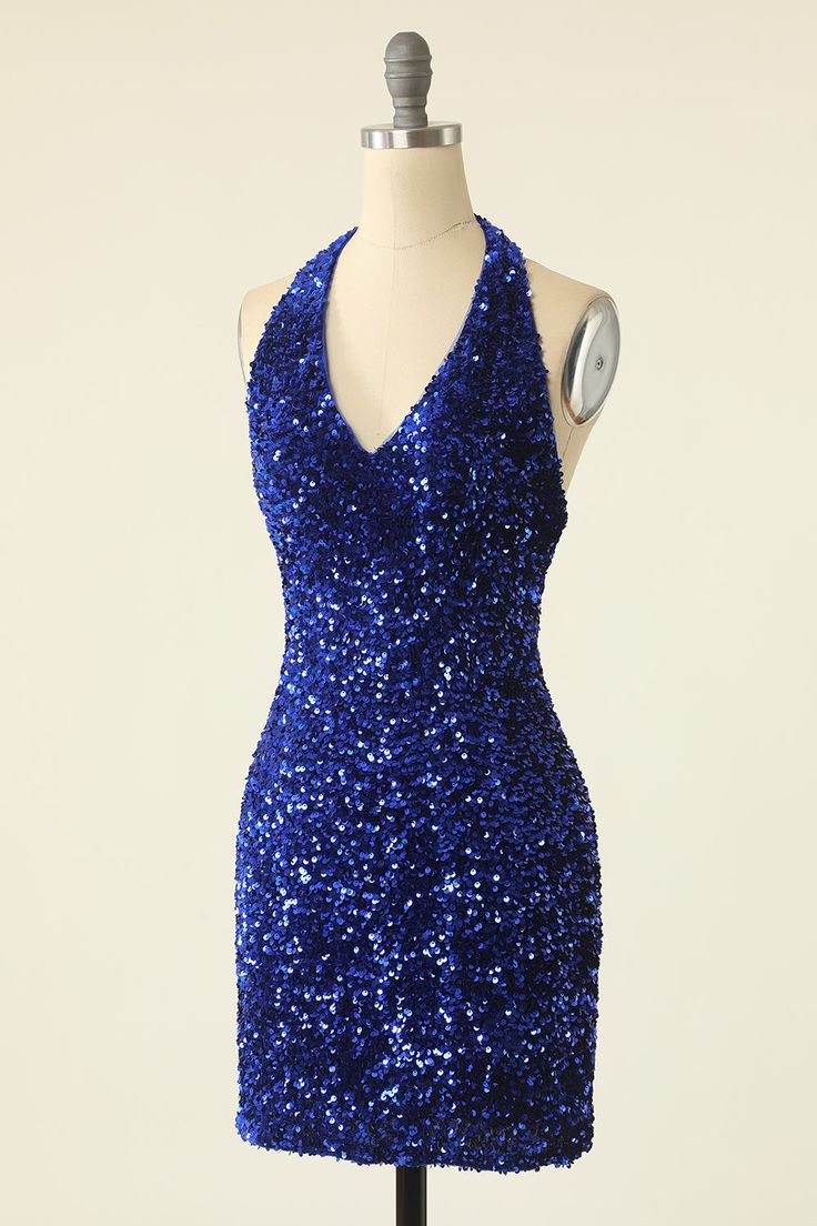 Royal Blue Sequin Halter Open Back Short Homecoming Dress fg3516