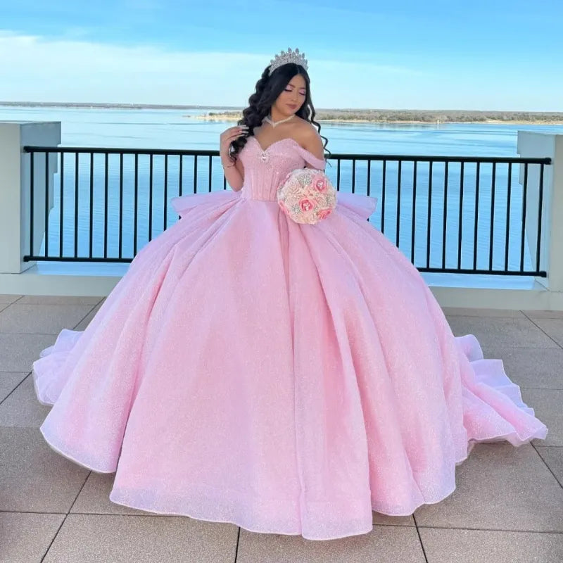 Hermoso vestido de quinceañera largo de tul rosa con hombros descubiertos, vestido formal de 15 años, vestido de dulces 16 DH1841