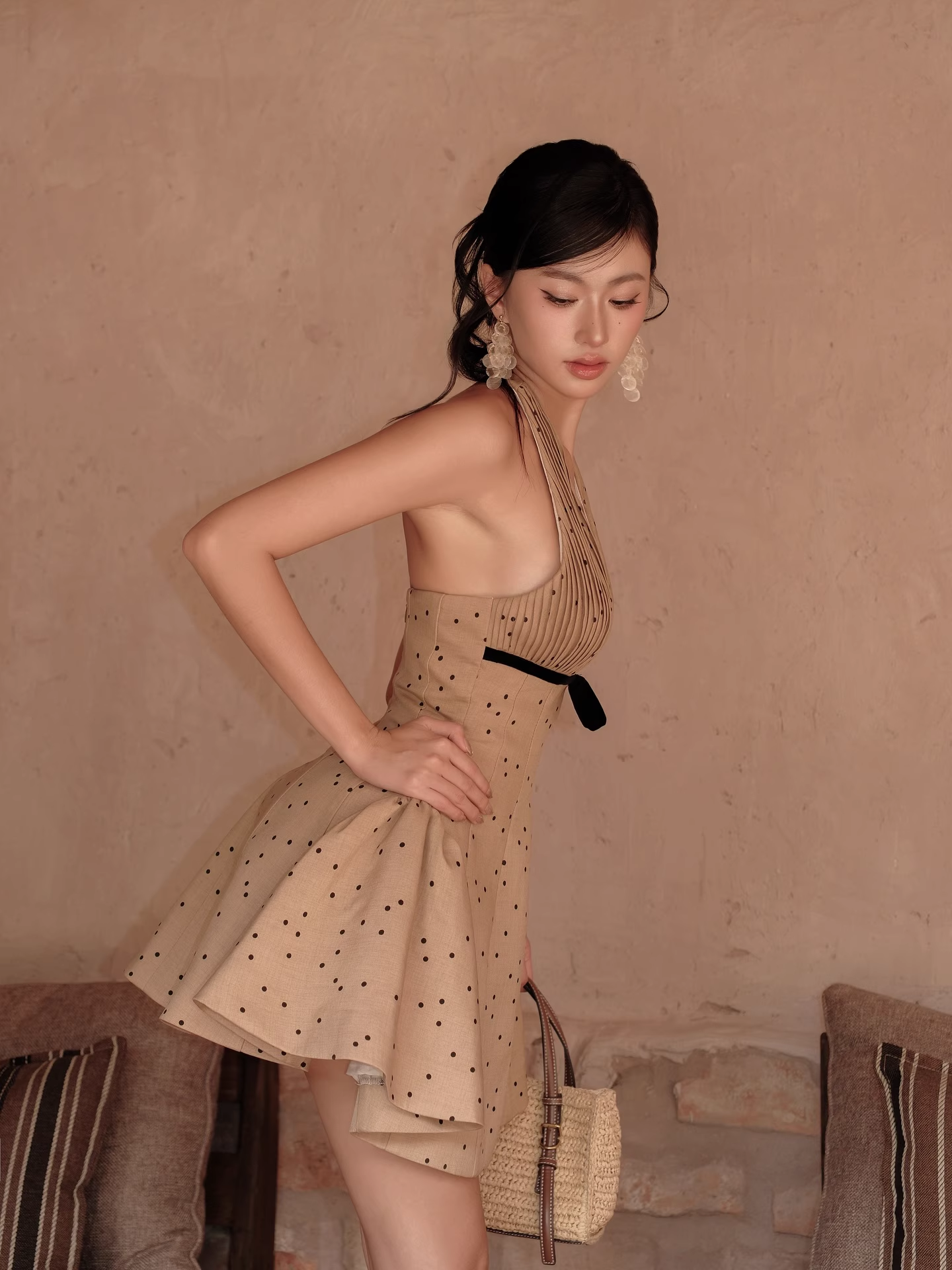Vestido vintage caqui de lunares, corte A, para fiesta de bienvenida, cuello halter, vestido de cóctel corto T4632