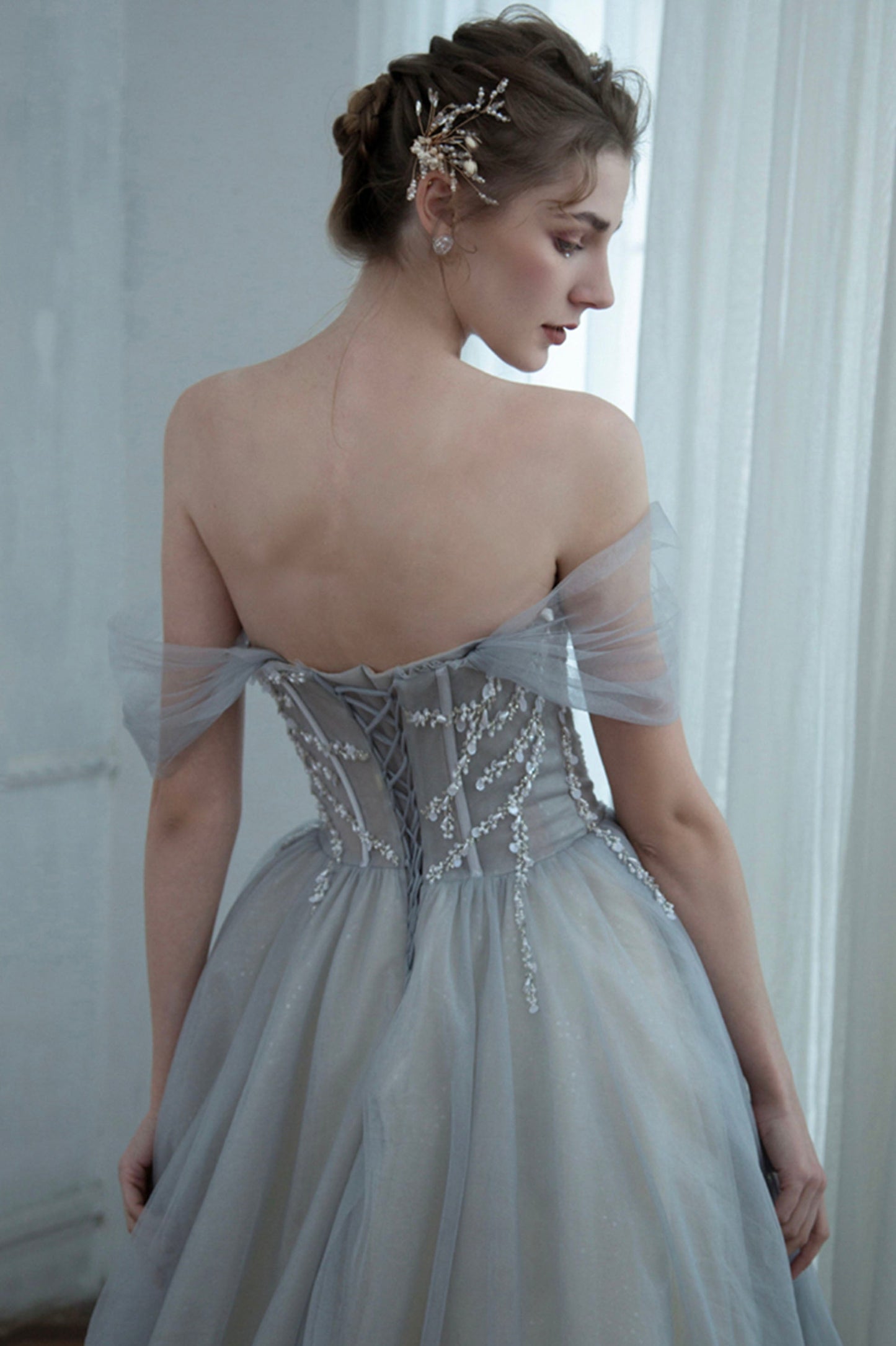 Off the Shoulder Tulle Long Prom Dress, Gray A-Line Evening Dress with Beaded