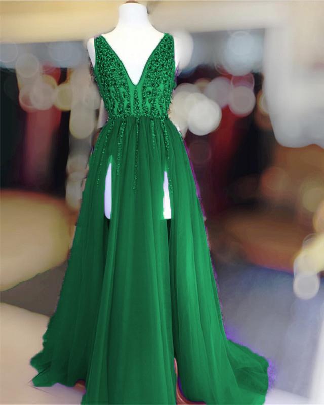 Vestidos de fiesta largos de tul con escote en V y lentejuelas con cuentas