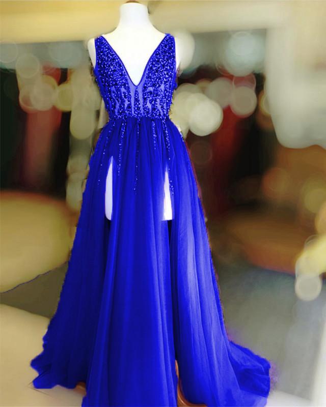 Vestidos de fiesta largos de tul con escote en V y lentejuelas con cuentas