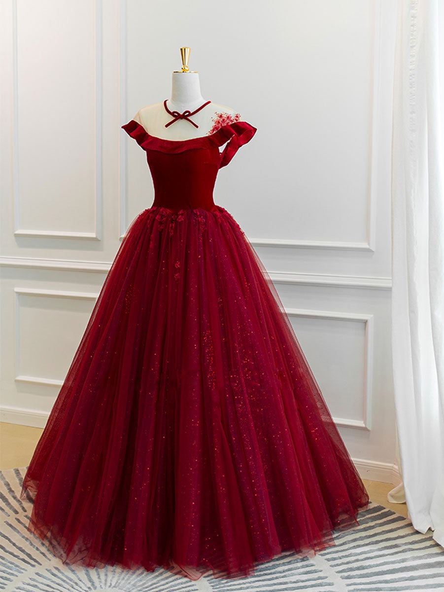 Vestido de fiesta largo de tul burdeos con encaje, vestido de noche de tul burdeos