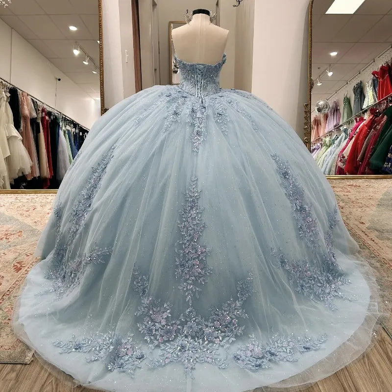 Vestido de quinceañera azul claro de encaje, vestidos de 15 años para fiesta de cumpleaños, vestidos de princesa para baile