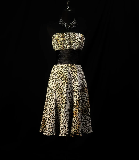 Vintage Leopard Chiffon Beaded Homecoming Dress Strapless Cocktail Dress S428