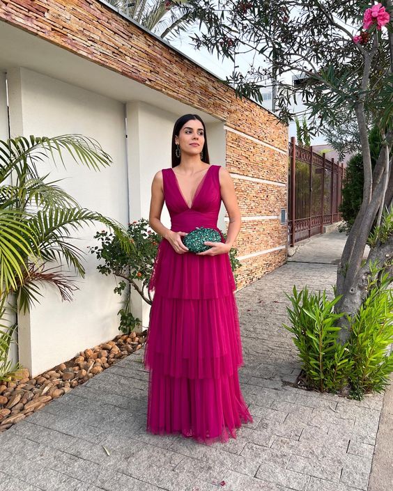 Vestido de fiesta largo de tul escalonado, vestido de noche formal con cuello en V