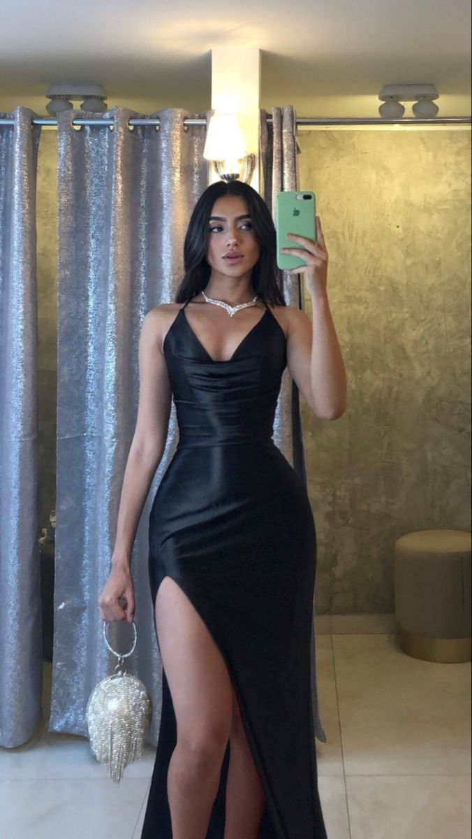 Vestido de noche negro elegante, ajustado, formal, de satén, largo