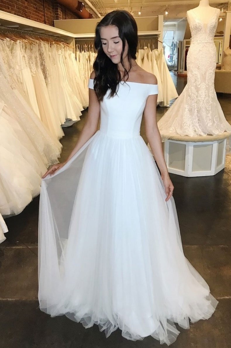 Off Shoulder Simple Long Prom Dress White Tulle Formal Dress MP1220