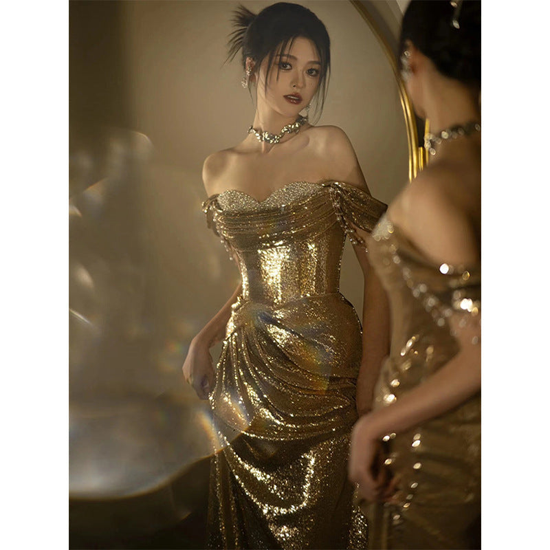 Vestido de noche con lentejuelas doradas brillantes, vestidos de fiesta de sirena