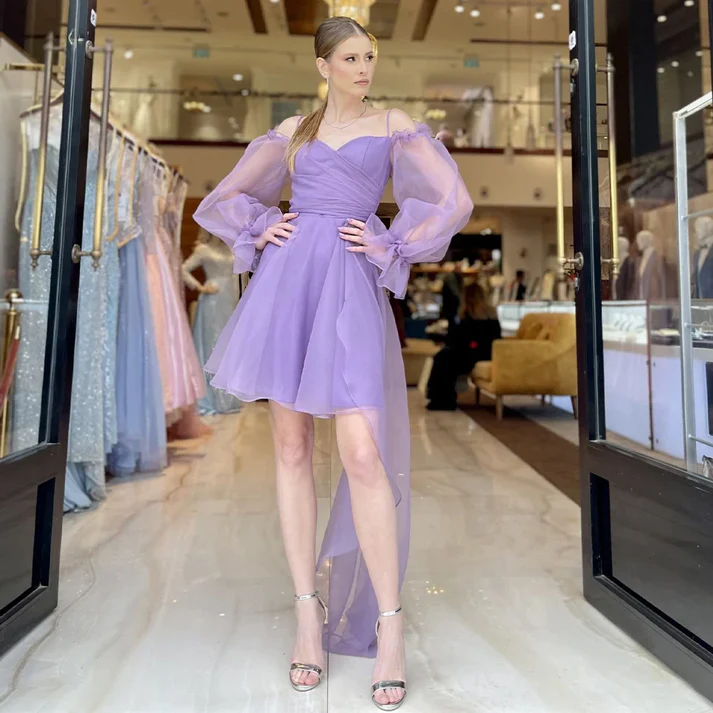 A Line Purple Off Shoulder Homecoming Dress A Puff Sleeves Evening Dress SH607
