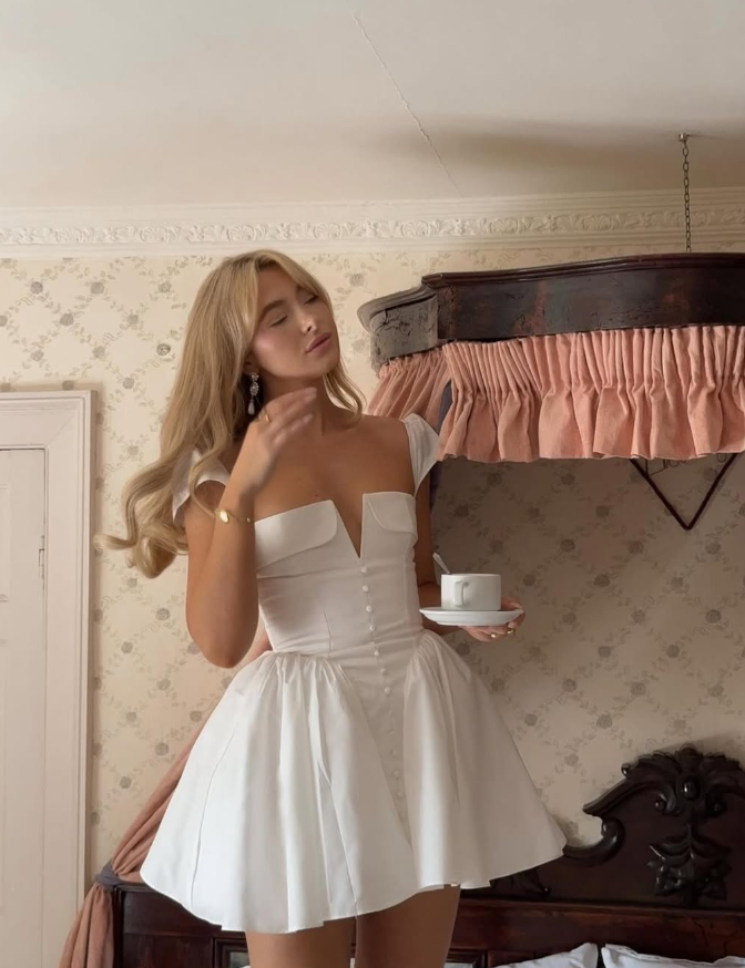 Princess A Line V Neck White Satin Short Homecoming Dress Birthday Dress SH2238