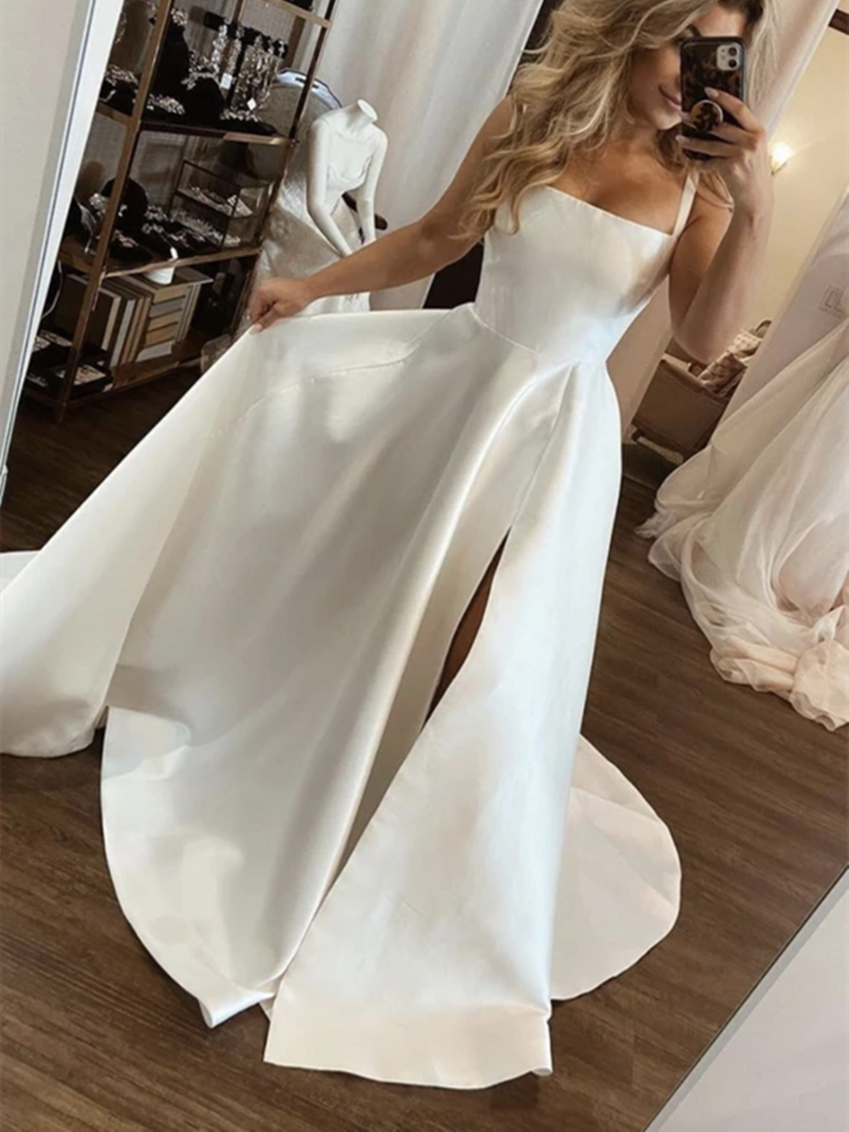 Vestidos de fiesta largos de satén blanco con corte en A, vestidos de noche formales largos de satén blanco con corte en A