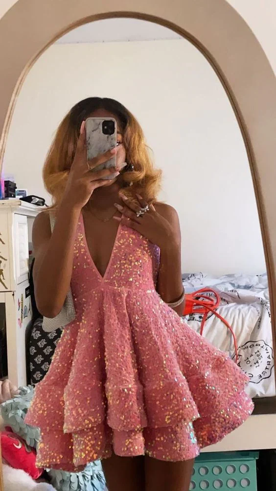 Traje de cumpleaños número 16 para niña, vestido Hoco negro, vestidos de fiesta con lentejuelas rosas