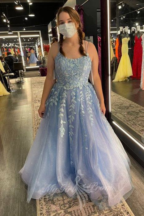 Sparkly Long Prom Dresses with Appliques, Tulle Graduation Party Dresses GP622