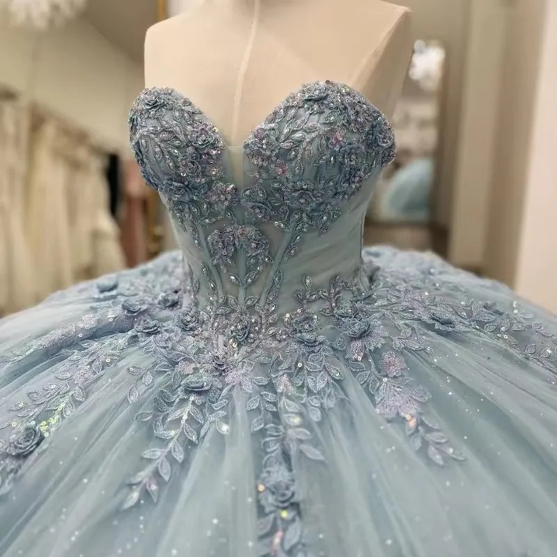 Vestido de quinceañera azul claro de encaje, vestidos de 15 años para fiesta de cumpleaños, vestidos de princesa para baile