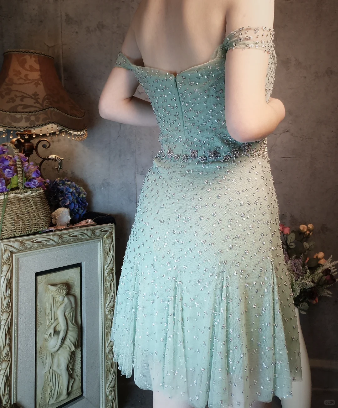 Vintage Light Green Off-the-shoulder Sparkling Beaded Design A-line Short Homecoming Dress TP4023