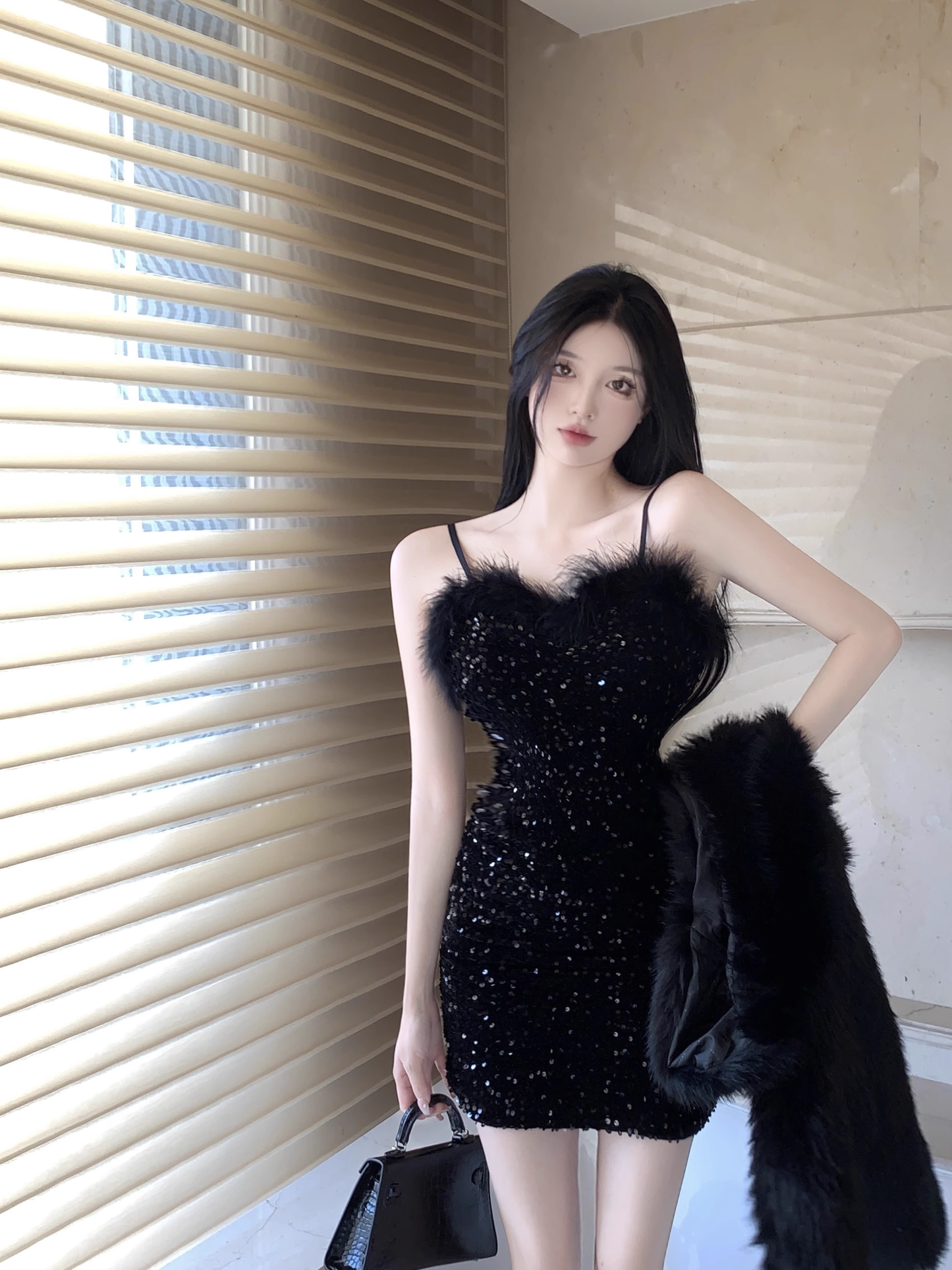Vintage Black Sequin Bodycon Design A-line Spaghetti Strap Homecoming Dress TP3713