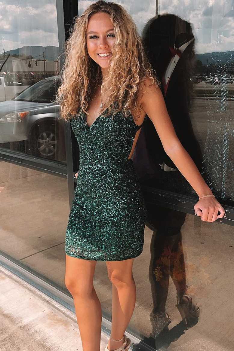 Vestido de fiesta ajustado con lentejuelas verde oscuro