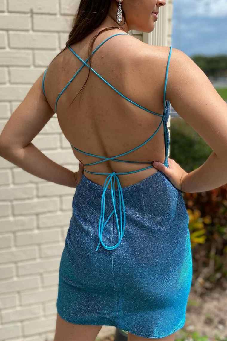 Vestido de fiesta corto ajustado azul con espalda con cordones